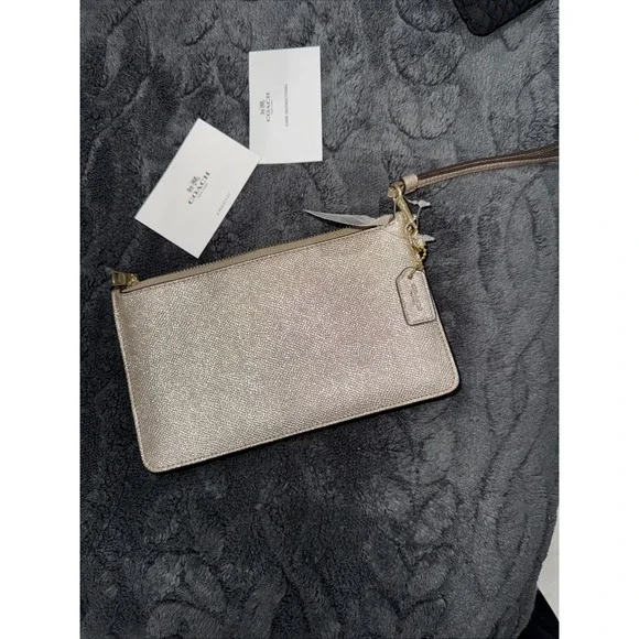 Coach Metallic Leather Wristlet Clutch Gold Zip Pouch Authentic - Picture 2 of 12